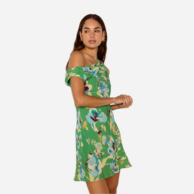 Zoe Asymmetric Mini Dress (Green Floral)