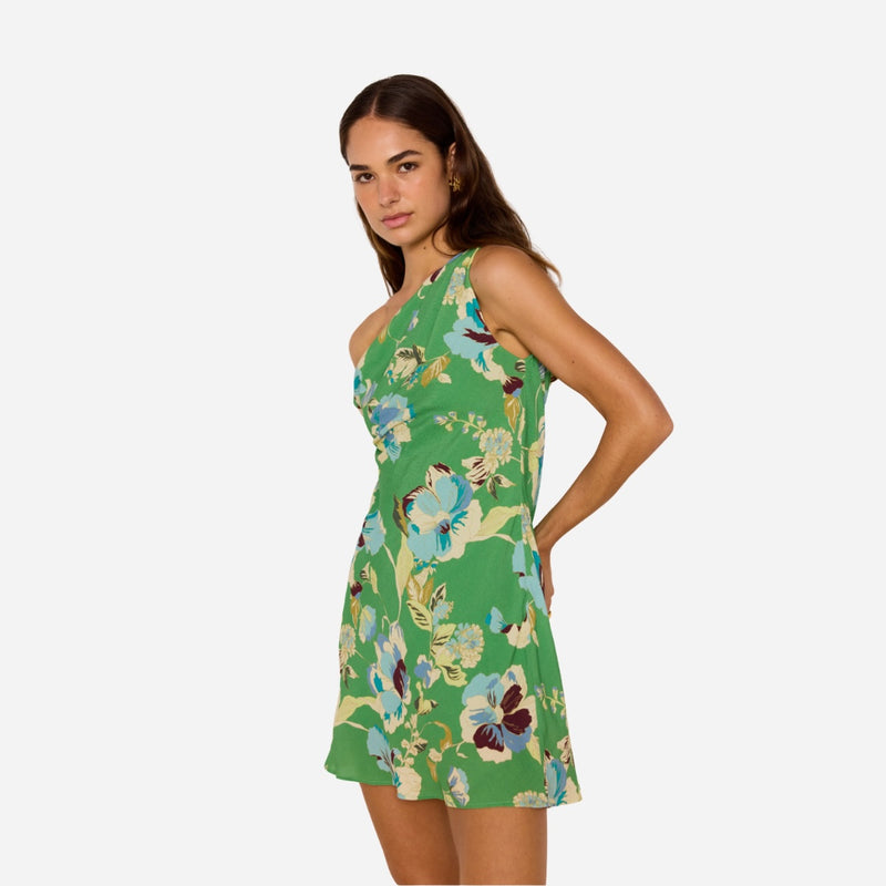 Zoe Asymmetric Mini Dress (Green Floral)