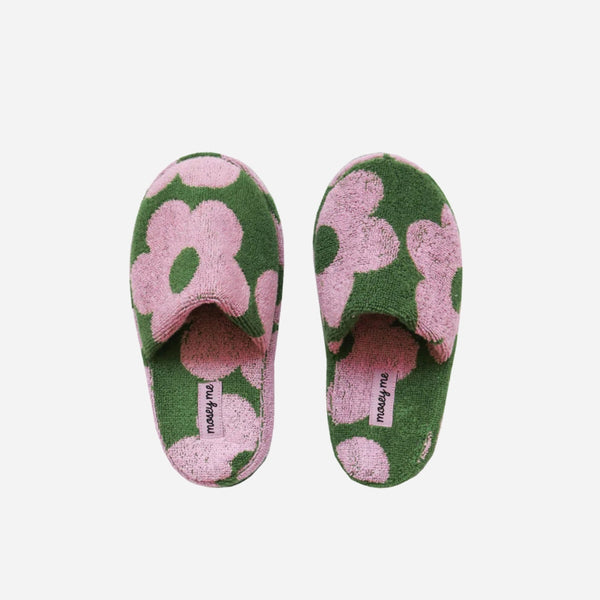 Mosey Me Flowerbed Terry Slippers in green and lilac tones.