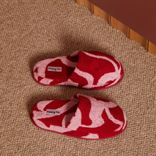 Mosey Me Ribbon Terry Slippers in pink and cherry tones.