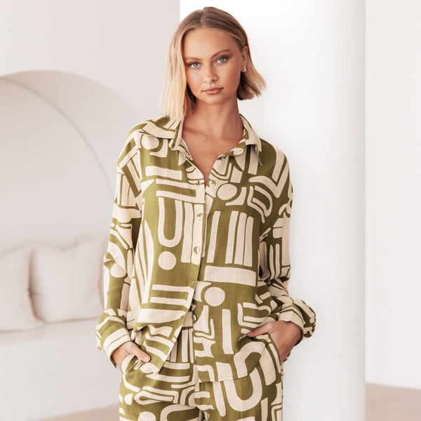 Our Marsheille Printed Shirt has an olive and cream abstract print
