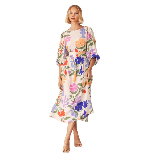 Our beautiful Moorea Floral Midi Dress has an exclusive print in cream, blue, orange, pink and green tones.