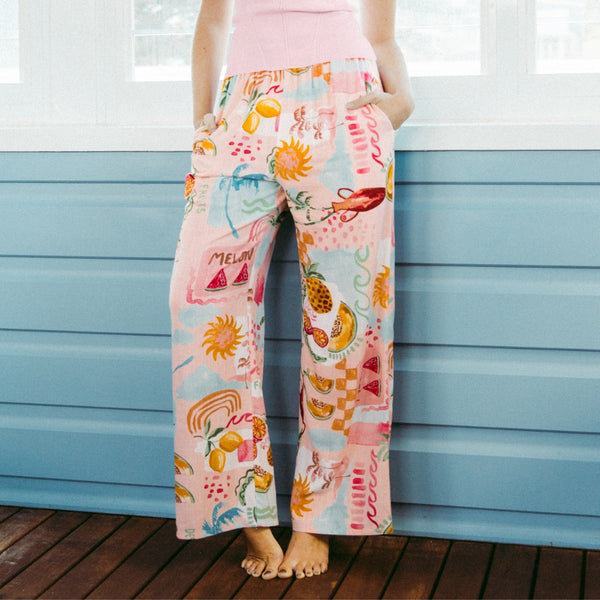 Our Summer Haze Pants have a fab resort inspired print in pink, blue, yellow, green and orange.