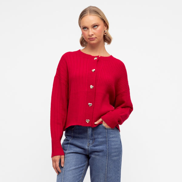 Te Amo Knit Cardigan in red with gold heart buttons