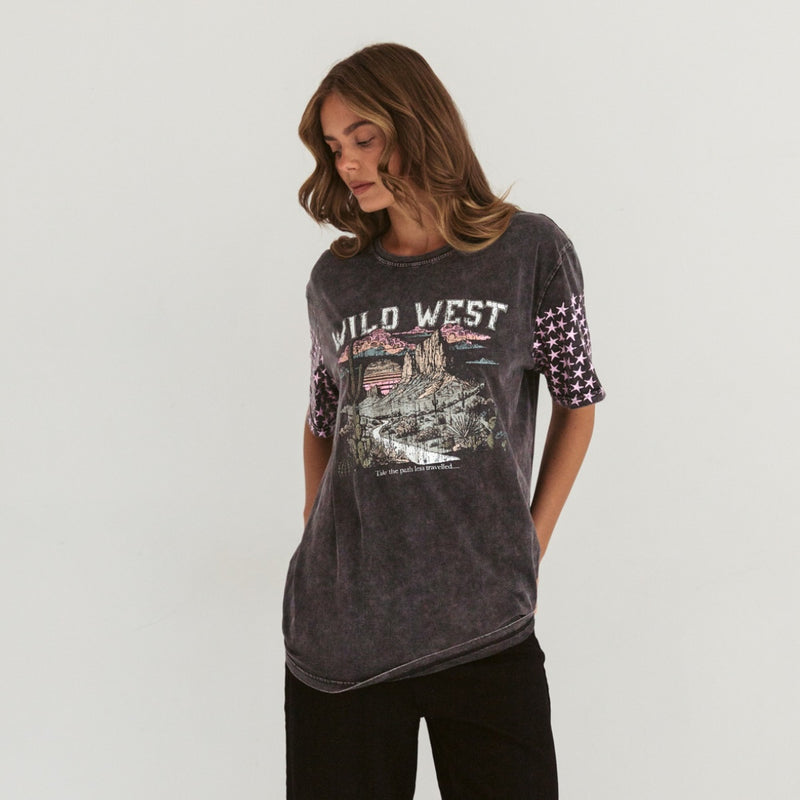 The tee has pink stars on each sleeve.