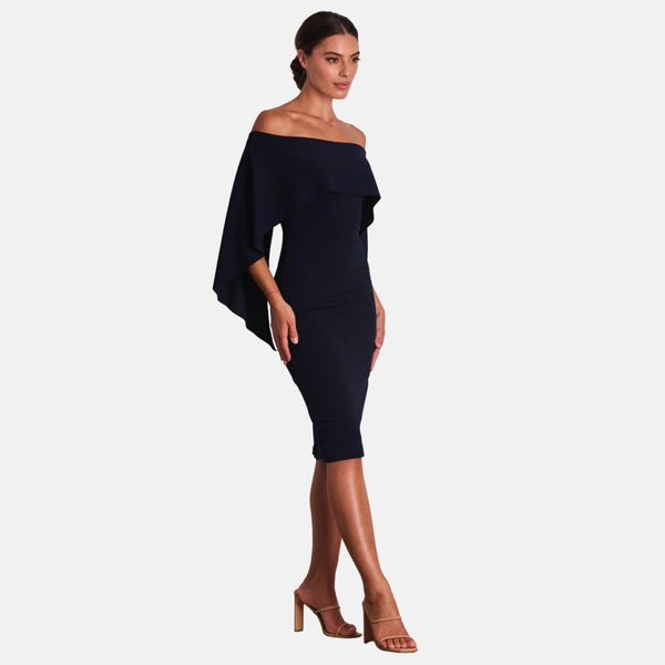 Pasduchas Composure Midi Dress with a form fitting silhouette and a draped panel over the bodice