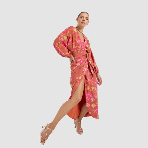 Ruby Wrap Midi Dress (Scarlet Floral)