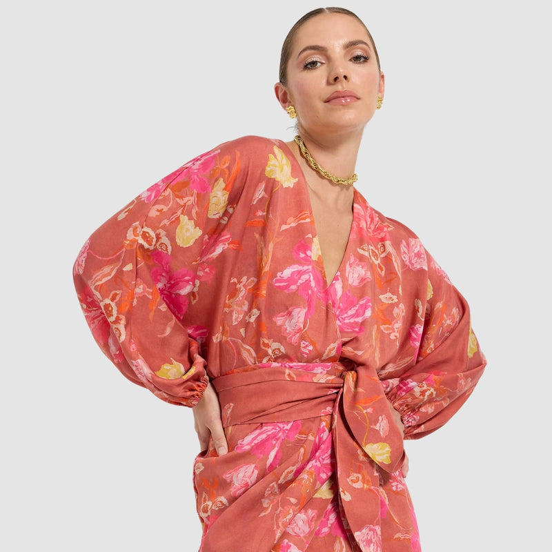 Ruby Wrap Midi Dress (Scarlet Floral)
