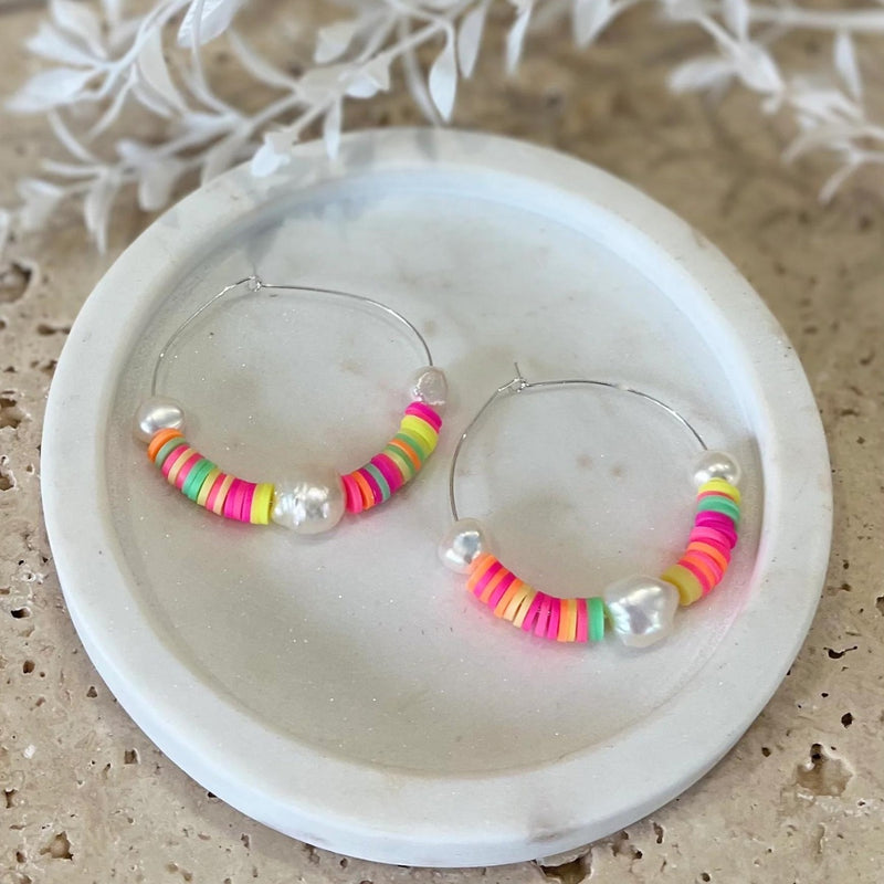 These hoop earrings have colourful vinyl discs and 3 freshwater pearls