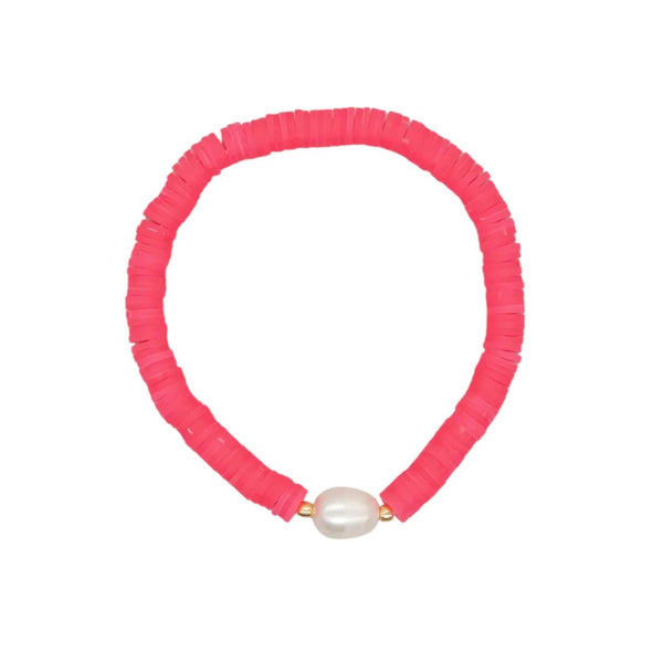 Heishi Pearl Stretch Bracelet in Neon Coral