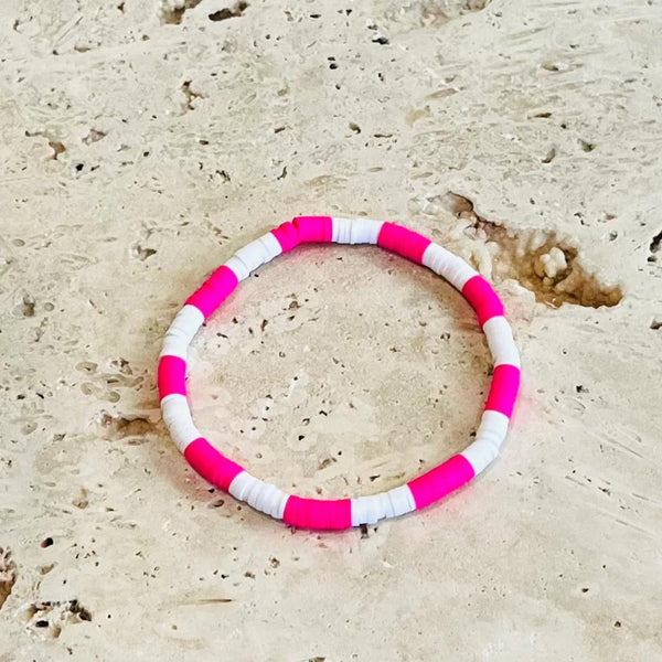 Heishi Stretch Bracelet with wide hot pink and white polymer beads
