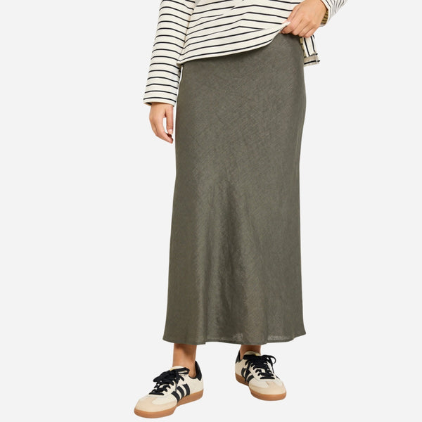 Our Bliss Linen Skirt is available in a khaki colour.