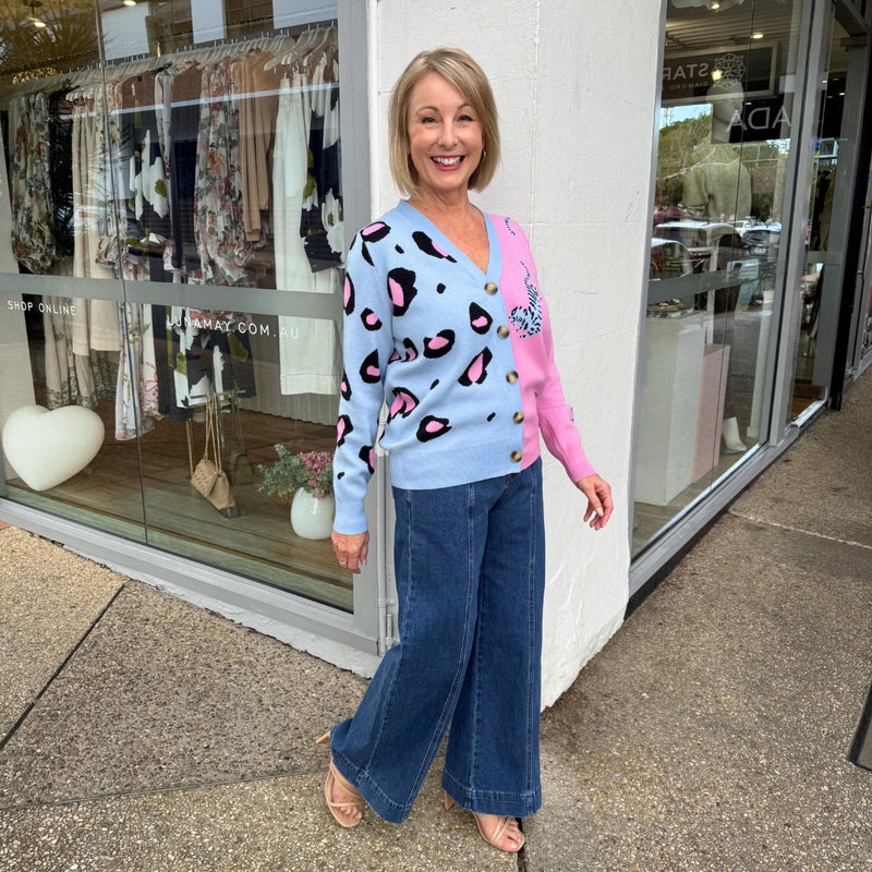 Side view of the cardigan, worn with our Mattea Jeans.