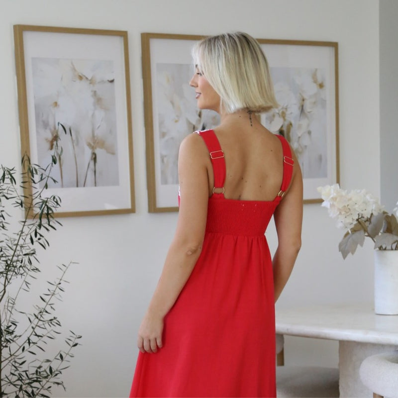 Back view of the dress - it has a shirred panel on the back and the shoulder straps are adjustable.