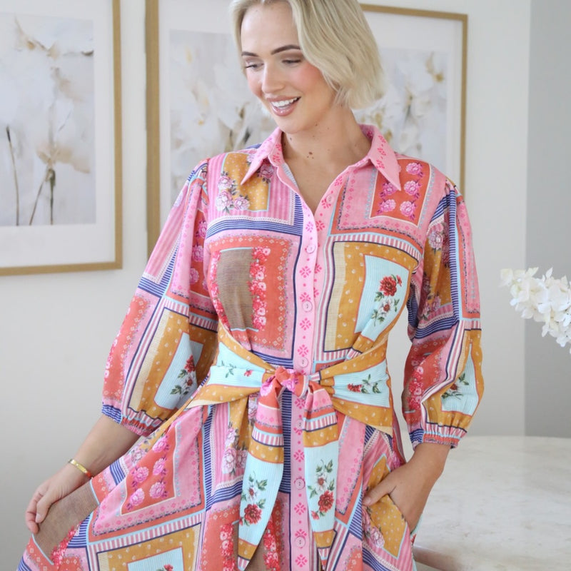 Holly Waist Tie Dress (Pink/Multi)