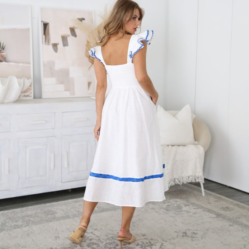 Keekee Midi Dress (White/Blue)