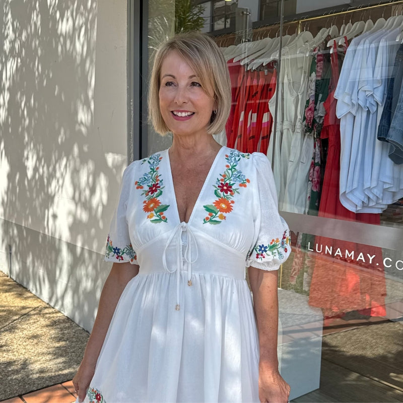 Mariel Embroidered Dress (White)