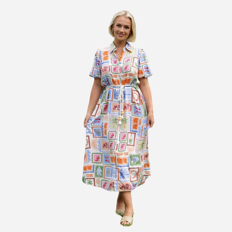 Wanda Shirt Dress with a colourful tropical 'stamp' print.