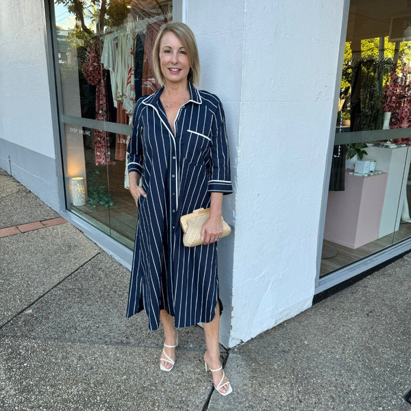 Kellie Shirt Dress with navy and white stripes