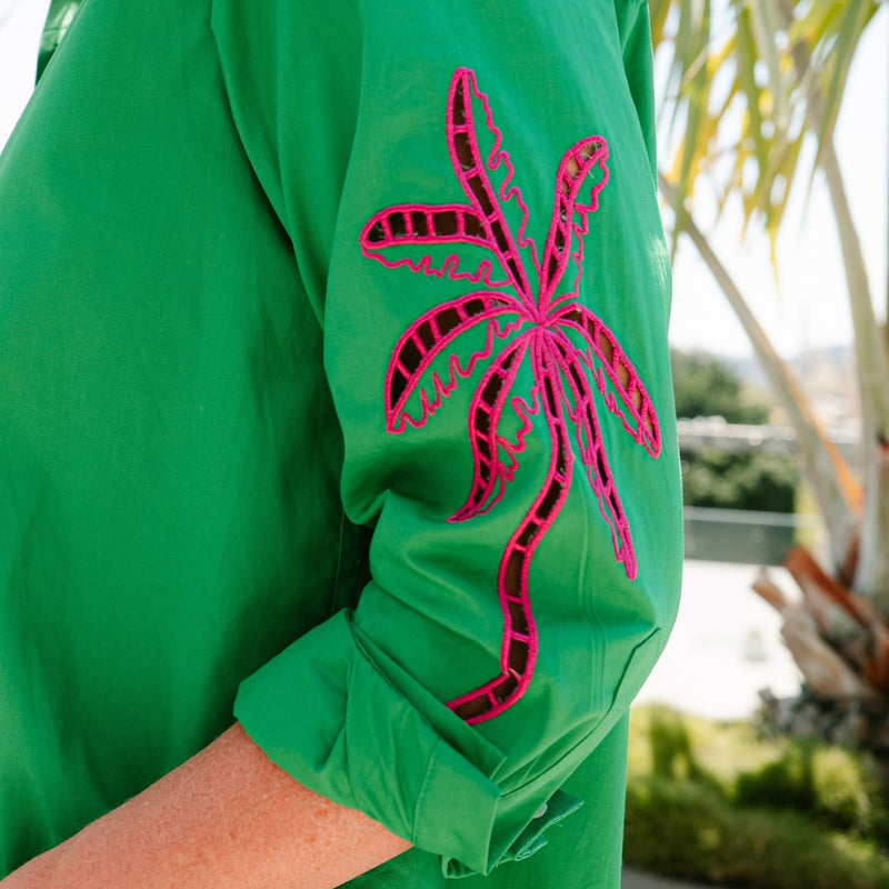Close up of the embroidered palm detail.