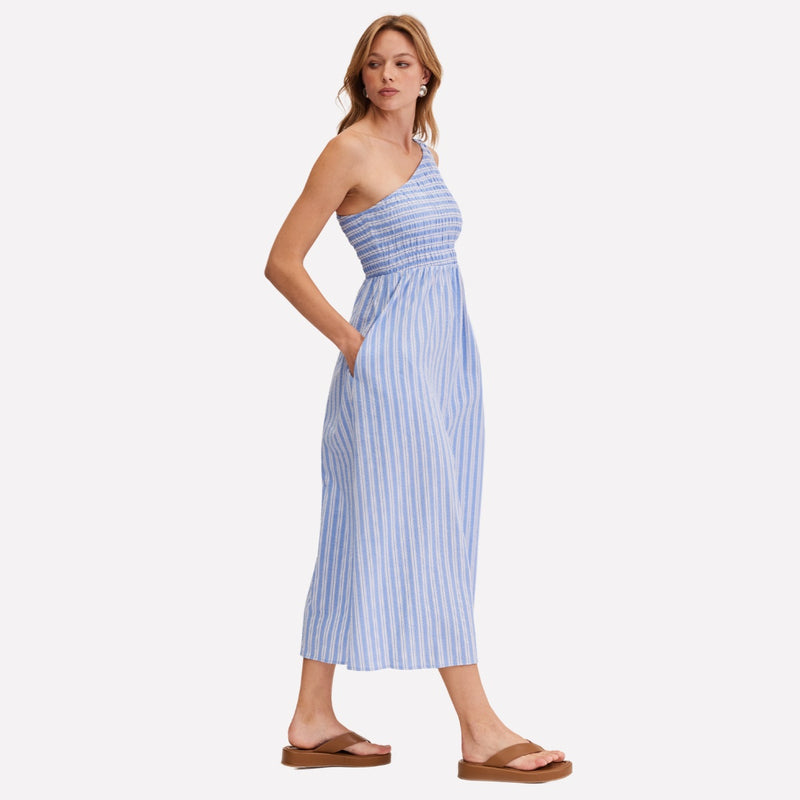 Abena One Shoulder Midi Dress (Blue Stripe)