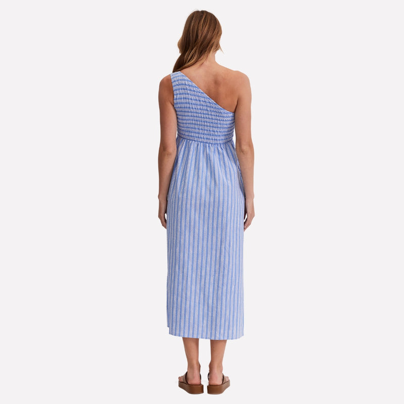 Abena One Shoulder Midi Dress (Blue Stripe)