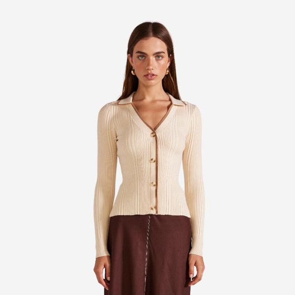 Aida Knit Top Cardigan in cream with a brown contrast trim on the collar and down the button front
