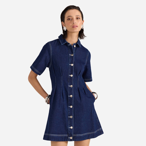 Augusta Denim Mini Dress in a dark indigo wash. 