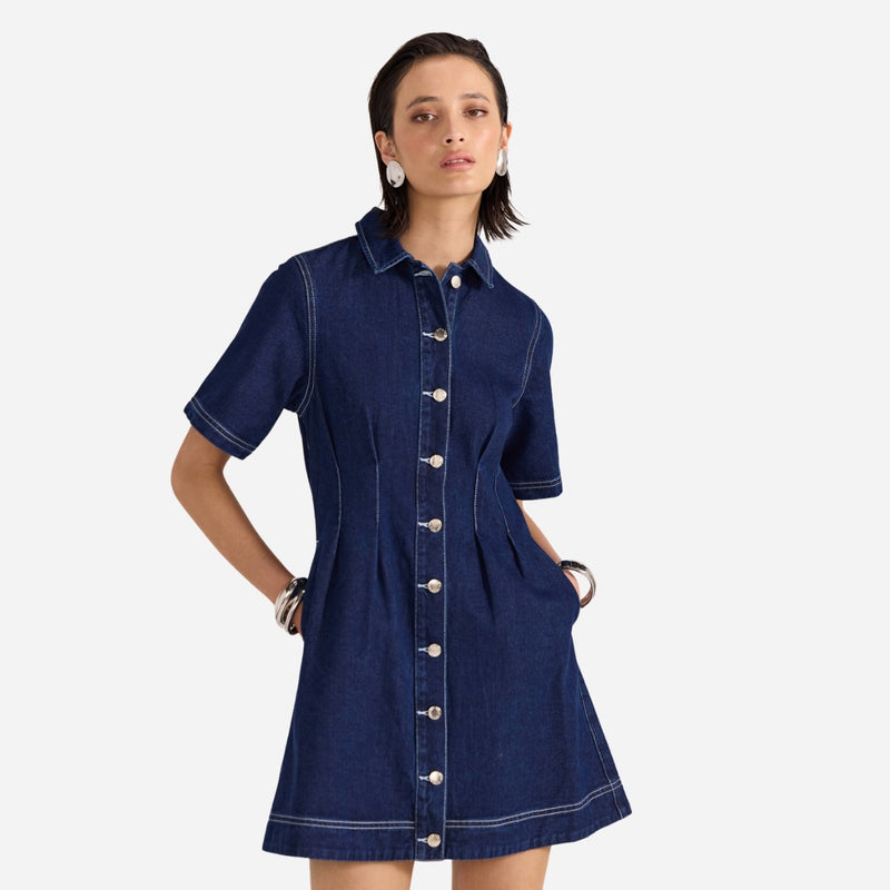 Augusta Denim Mini Dress in a dark indigo wash. 