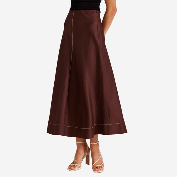 Eadie Midi Skirt in a chocolate brown colour with contrast white stitching