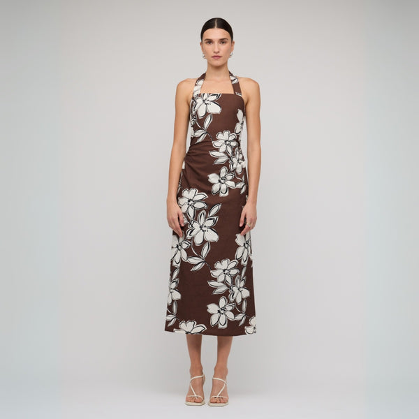 Elara Halter Neck Midi Dress in an exclusive brown and white floral print.
