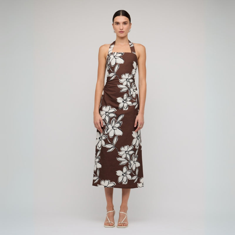 Elara Halter Neck Midi Dress in an exclusive brown and white floral print.