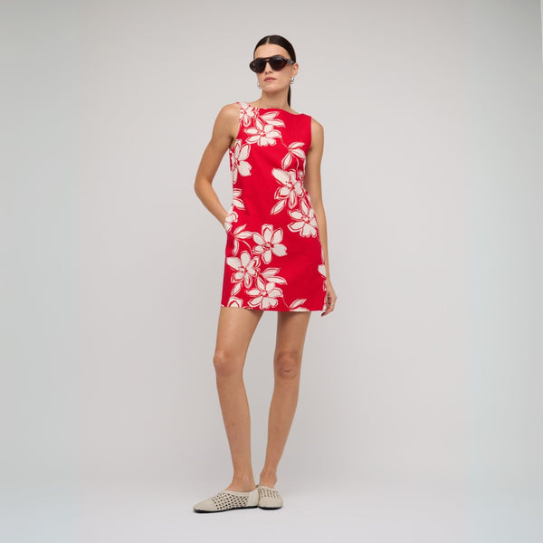 Elara Mini Dress in an exclusive red and white floral print.