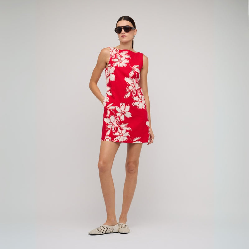 Elara Mini Dress in an exclusive red and white floral print.