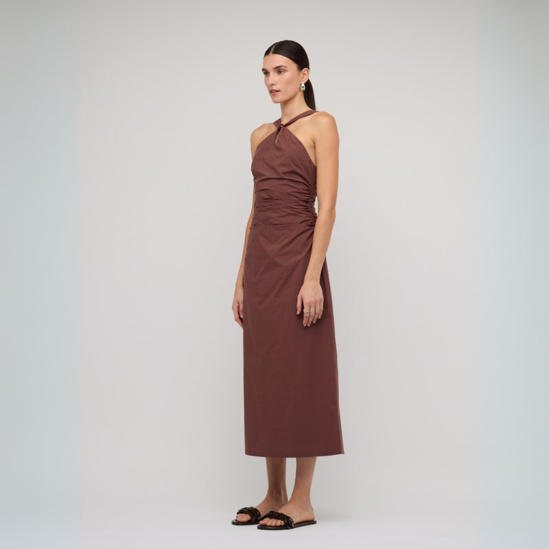 Side view of the brown midi dress