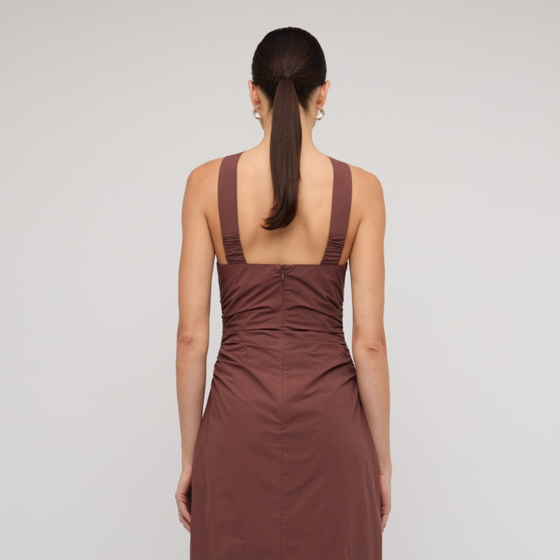 Close up of the upper back - showcasing the wide shoulder straps and invisible back zip.