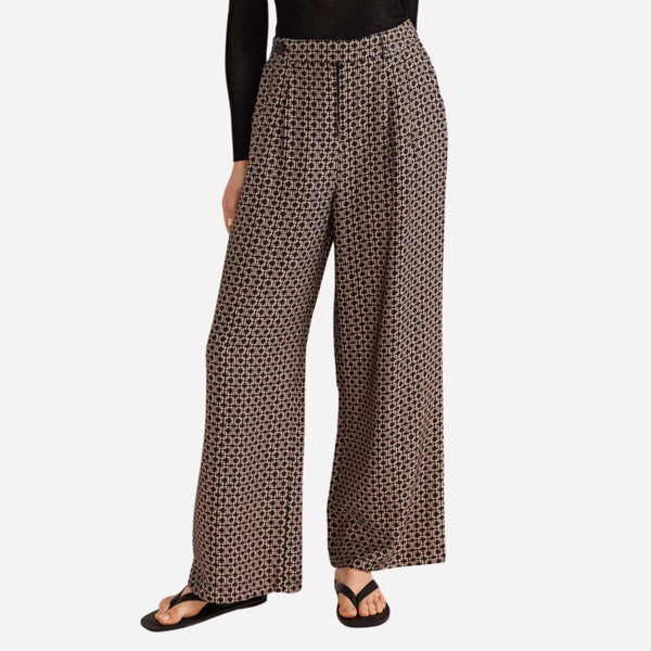Lexi Wide Leg Pants with a geo print in black and taupe