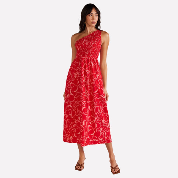 Palermo One Shoulder Midi Dress (Red Floral)