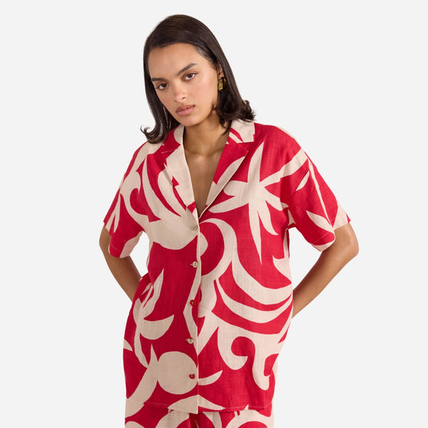 Rhodes Resort Shirt in a bold red and beige print.