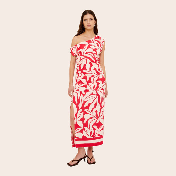 Serata Asymmetric Dress in  red and cream floral print.