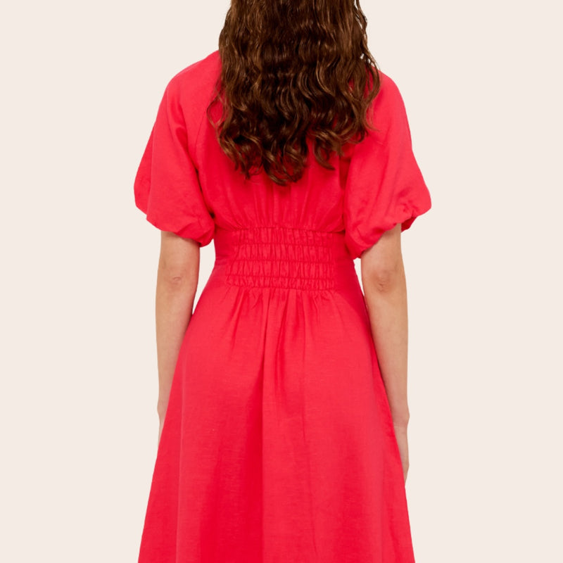 The dress has a shirred panel on the back (waist).
