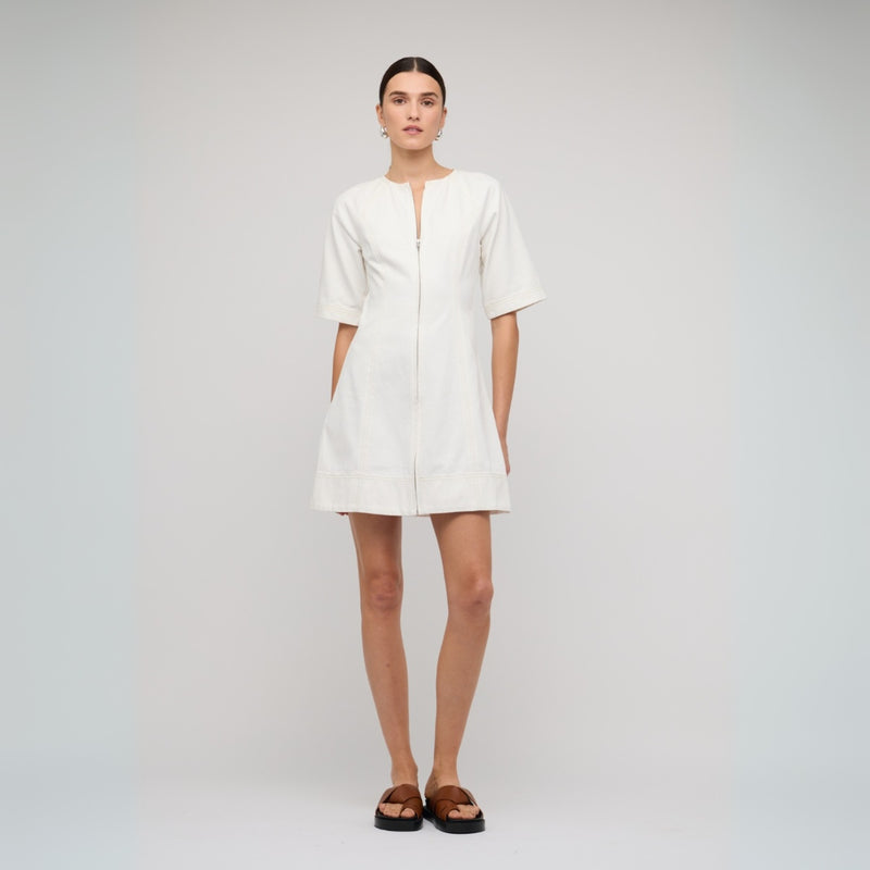 Our Zenith Denim Dress in an off-white colour.