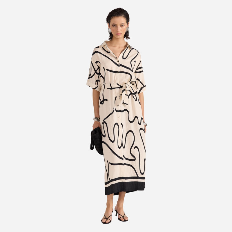 Zenith Shirt Dress in a black and cream abstract print.