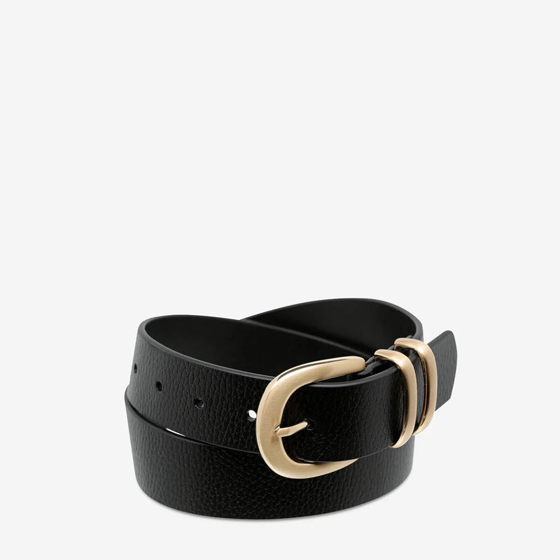 This black belt has a gold buckle.