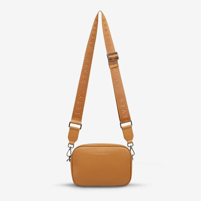 Status Anxiety Plunder Leather Crossbody Bag Webbed Strap (Tan)