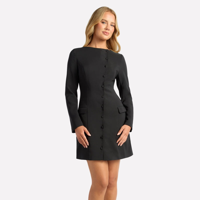 The dress finishes above the knee.