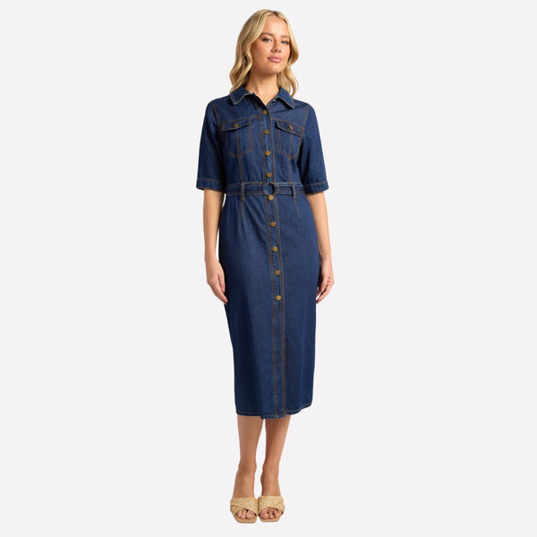 Our Harvey Denim Dress is available in an indigo wash and features a collar, short sleeves, button front and a self fabric belt.