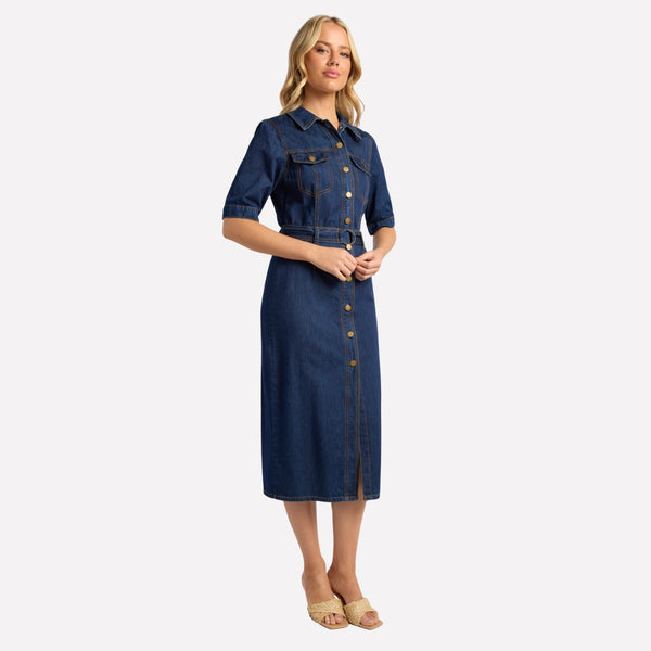 The dress also has a front split