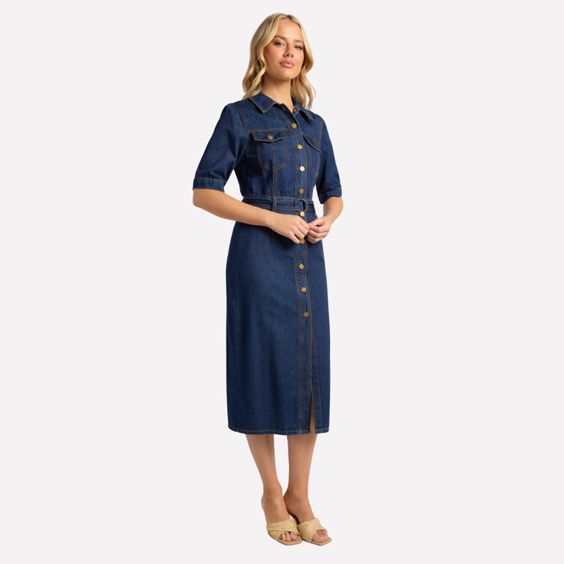 The dress also has a front split