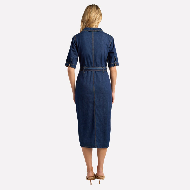 Back view of this denim midi dress